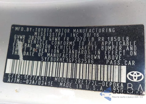 2016 Toyota Corolla L z USA, uszkodzony, nr VIN 5YFBURHE1GP562586